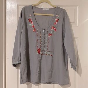 Misslook Gray Tribal Embroidered Detail Tunic Blouse Top